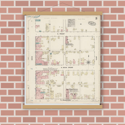 Old map wall art mockup — magnetic wood frame on brick wall — Sanborn Fire Insurance Map from Findlay, Hancock County, Ohio (1884), Sheet #0003