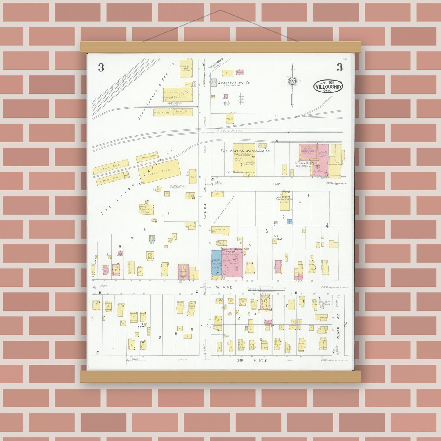 Old map wall art mockup — magnetic wood frame on brick wall — Sanborn Fire Insurance Map from Willoughby, Lake County, Ohio (1931), Sheet #0003