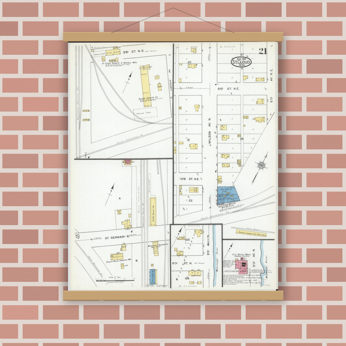 Old map wall art mockup — magnetic wood frame on brick wall — Sanborn Fire Insurance Map from Saint Cloud, Stearns, Benton, and Sherburne Counties, Minnesota (1919), Sheet #0021