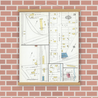Old map wall art mockup — magnetic wood frame on brick wall — Sanborn Fire Insurance Map from Saint Cloud, Stearns, Benton, and Sherburne Counties, Minnesota (1919), Sheet #0021