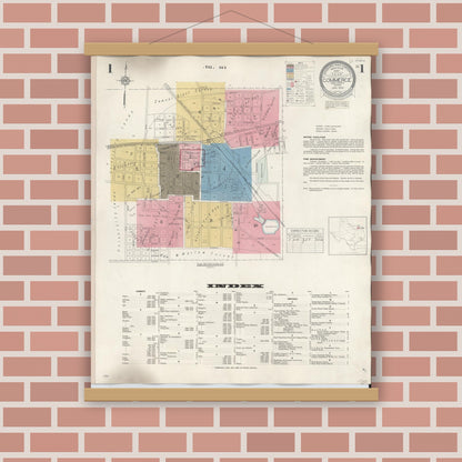 Old map wall art mockup — magnetic wood frame on brick wall — Sanborn Fire Insurance Map from Commerce, Hunt County, Texas (1940) - Complete Map Set