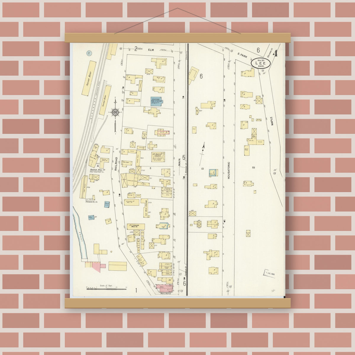 Old map wall art mockup — magnetic wood frame on brick wall — Sanborn Fire Insurance Map from Lee, Berkshire County, Massachusetts (1911), Sheet #0004