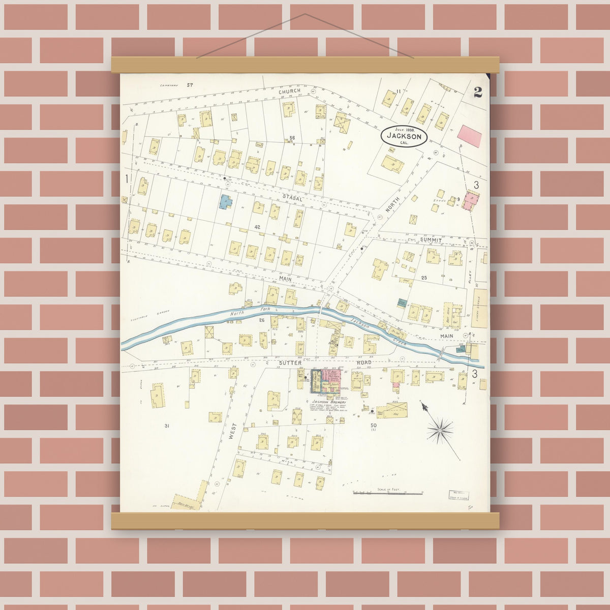 Old map wall art mockup — magnetic wood frame on brick wall — Sanborn Fire Insurance Map from Jackson, Amador County, California (1898), Sheet #0002