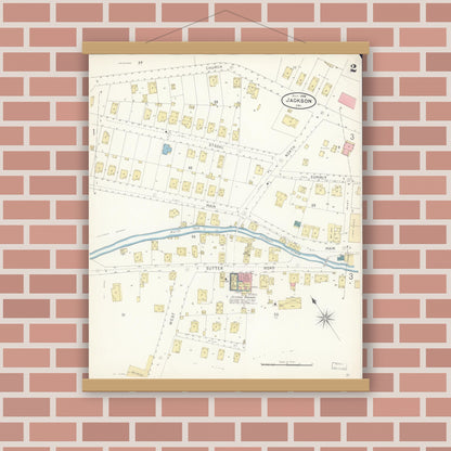 Old map wall art mockup — magnetic wood frame on brick wall — Sanborn Fire Insurance Map from Jackson, Amador County, California (1898), Sheet #0002