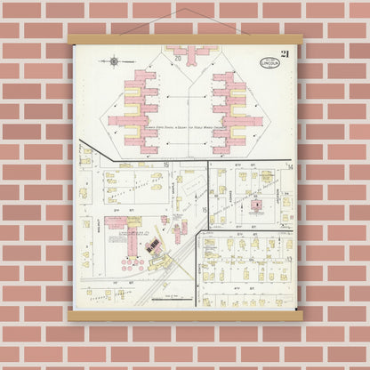 Old map wall art mockup — magnetic wood frame on brick wall — Sanborn Fire Insurance Map from Lincoln, Logan County, Illinois (1914), Sheet #0021