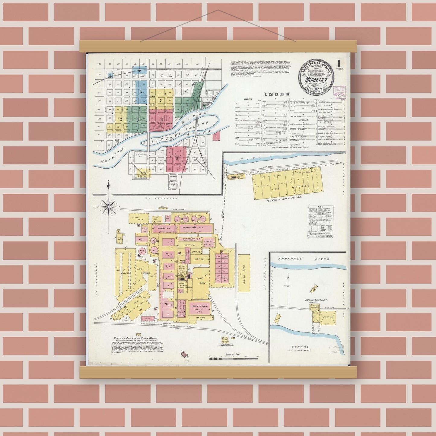 Old map wall art mockup — magnetic wood frame on brick wall — Sanborn Fire Insurance Map from Momence, Kankakee County, Illinois (1907) - Complete Map Set