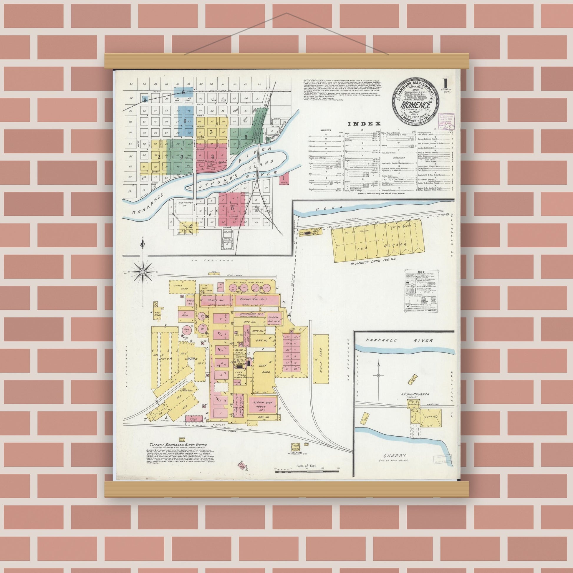 Old map wall art mockup — magnetic wood frame on brick wall — Sanborn Fire Insurance Map from Momence, Kankakee County, Illinois (1907) - Complete Map Set