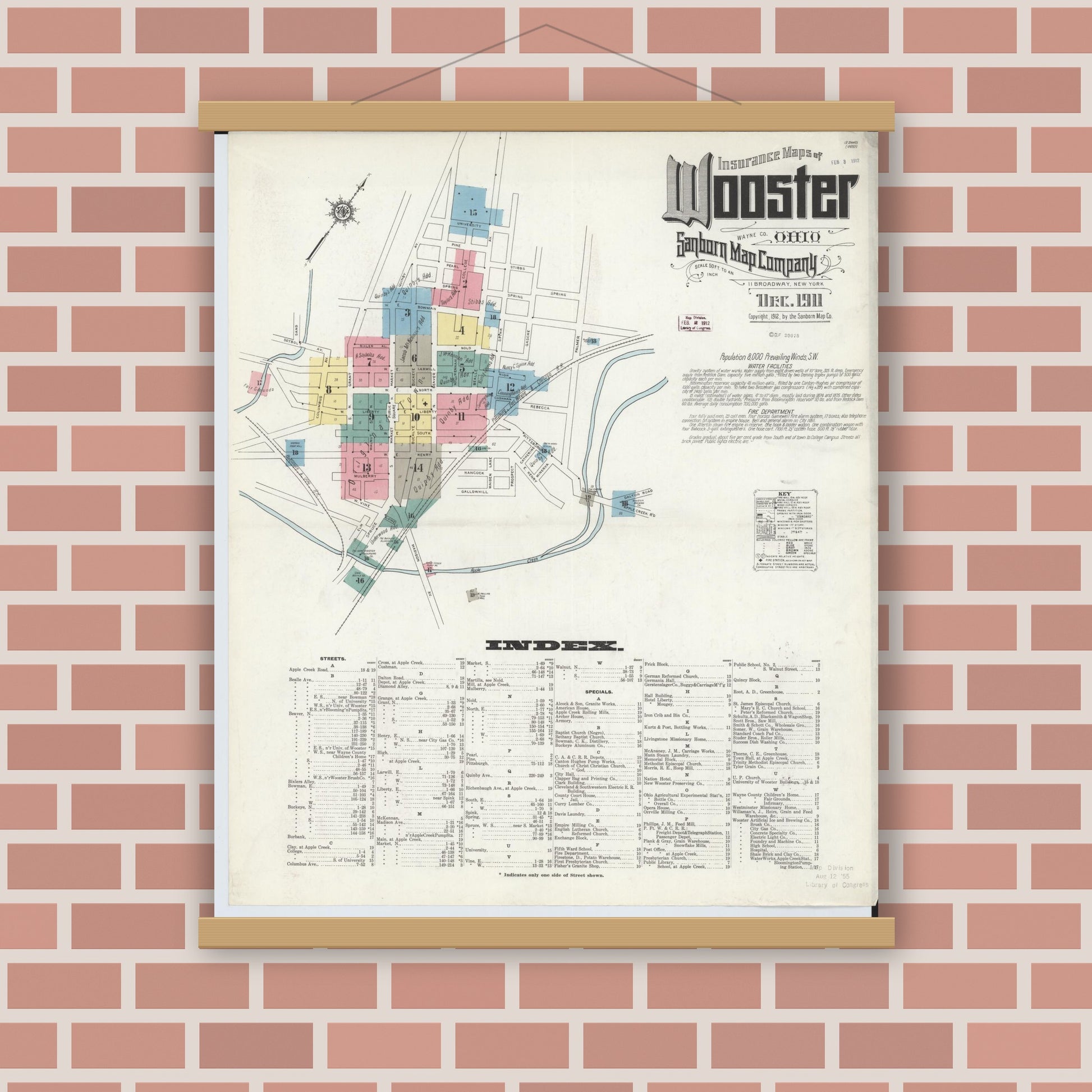 Old map wall art mockup — magnetic wood frame on brick wall — Sanborn Fire Insurance Map from Wooster, Wayne County, Ohio (1911) - Complete Map Set