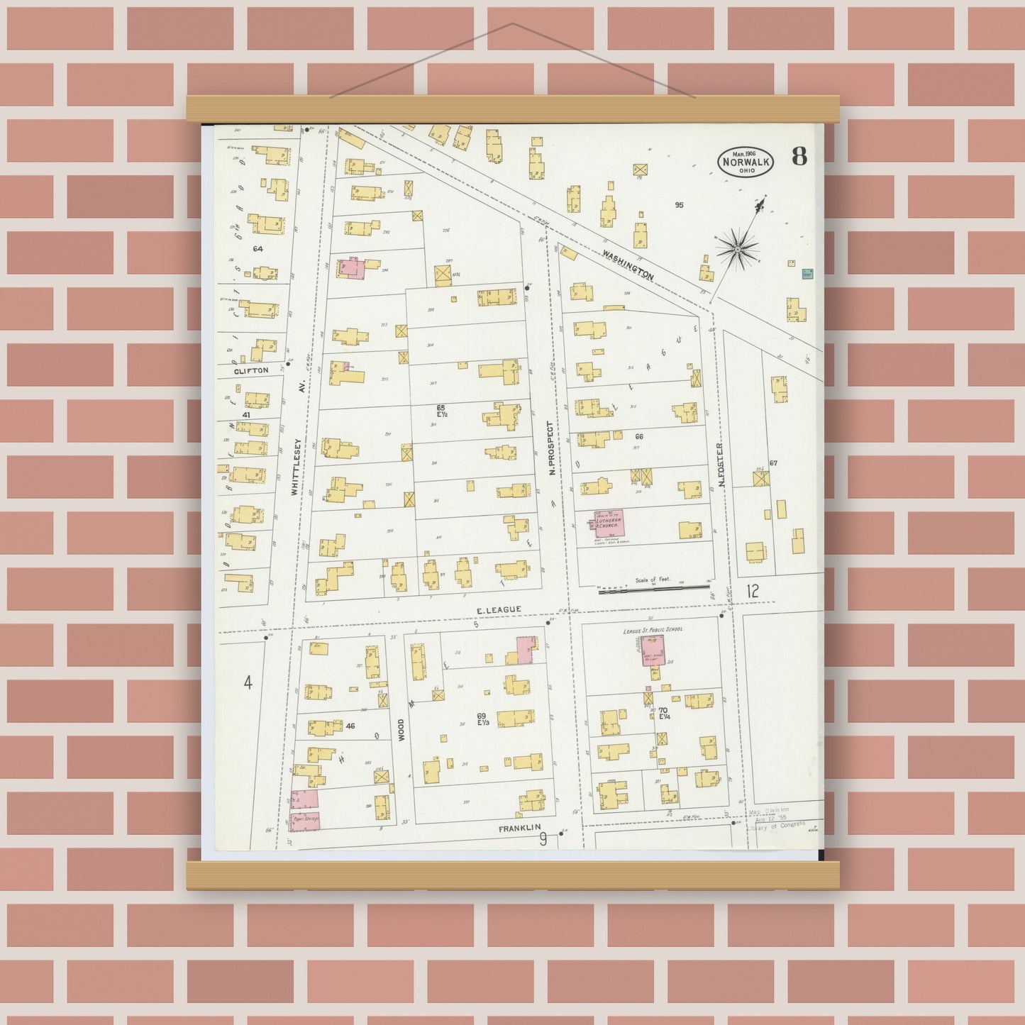 Old map wall art mockup — magnetic wood frame on brick wall — Sanborn Fire Insurance Map from Norwalk, Huron County, Ohio (1906), Sheet #0008