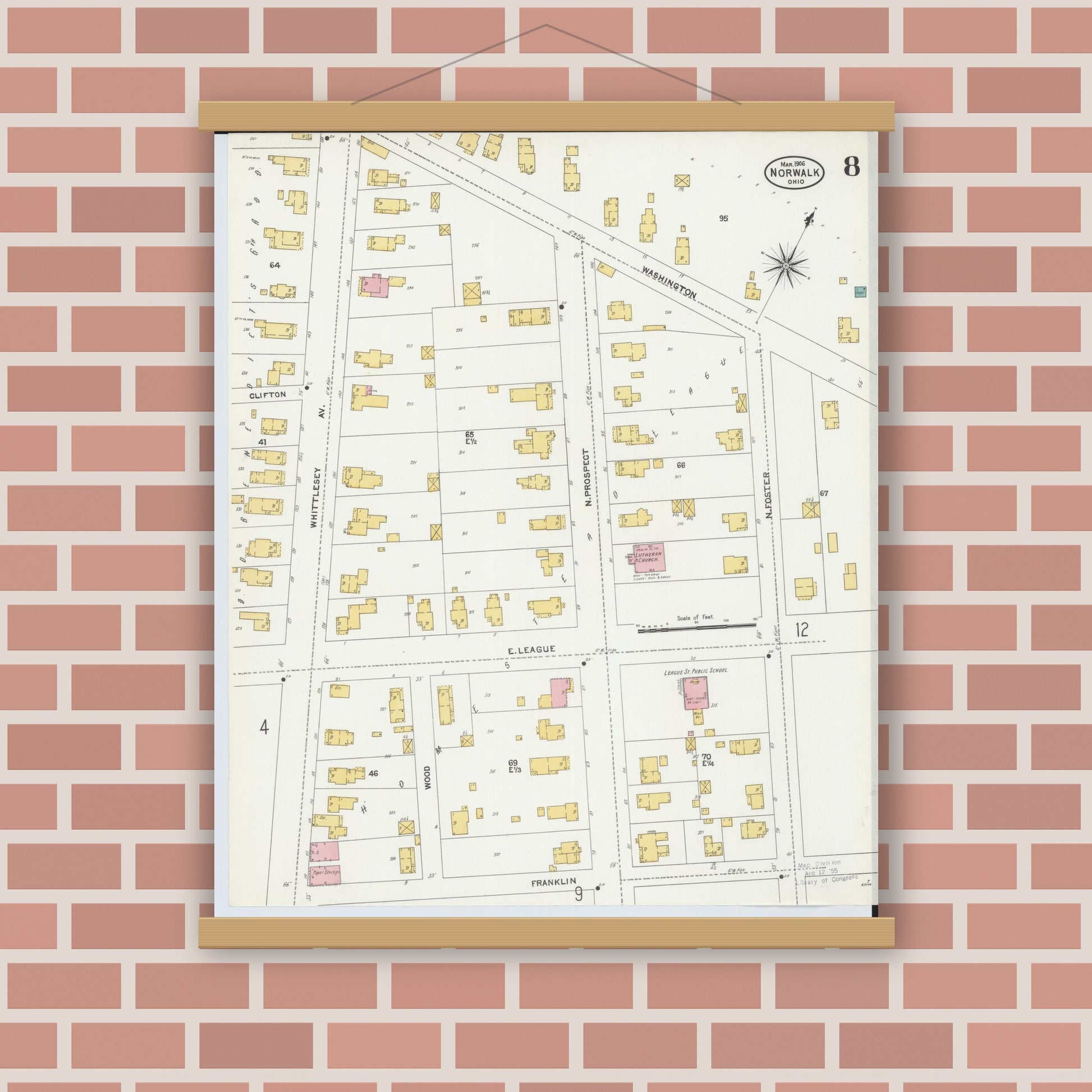Old map wall art mockup — magnetic wood frame on brick wall — Sanborn Fire Insurance Map from Norwalk, Huron County, Ohio (1906), Sheet #0008