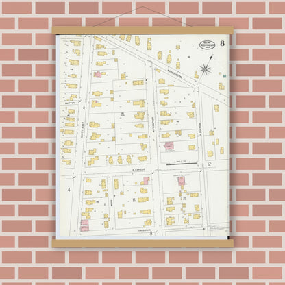 Old map wall art mockup — magnetic wood frame on brick wall — Sanborn Fire Insurance Map from Norwalk, Huron County, Ohio (1906), Sheet #0008