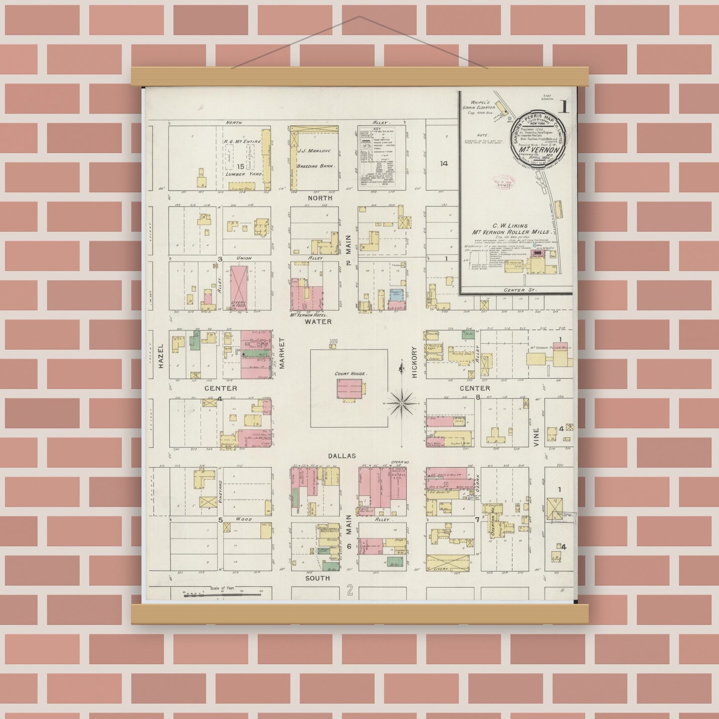 Old map wall art mockup — magnetic wood frame on brick wall — Sanborn Fire Insurance Map from Mount Vernon, Lawrence County, Missouri (1894), Sheet #0001