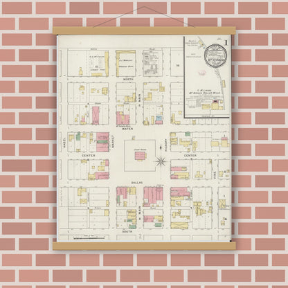 Old map wall art mockup — magnetic wood frame on brick wall — Sanborn Fire Insurance Map from Mount Vernon, Lawrence County, Missouri (1894), Sheet #0001