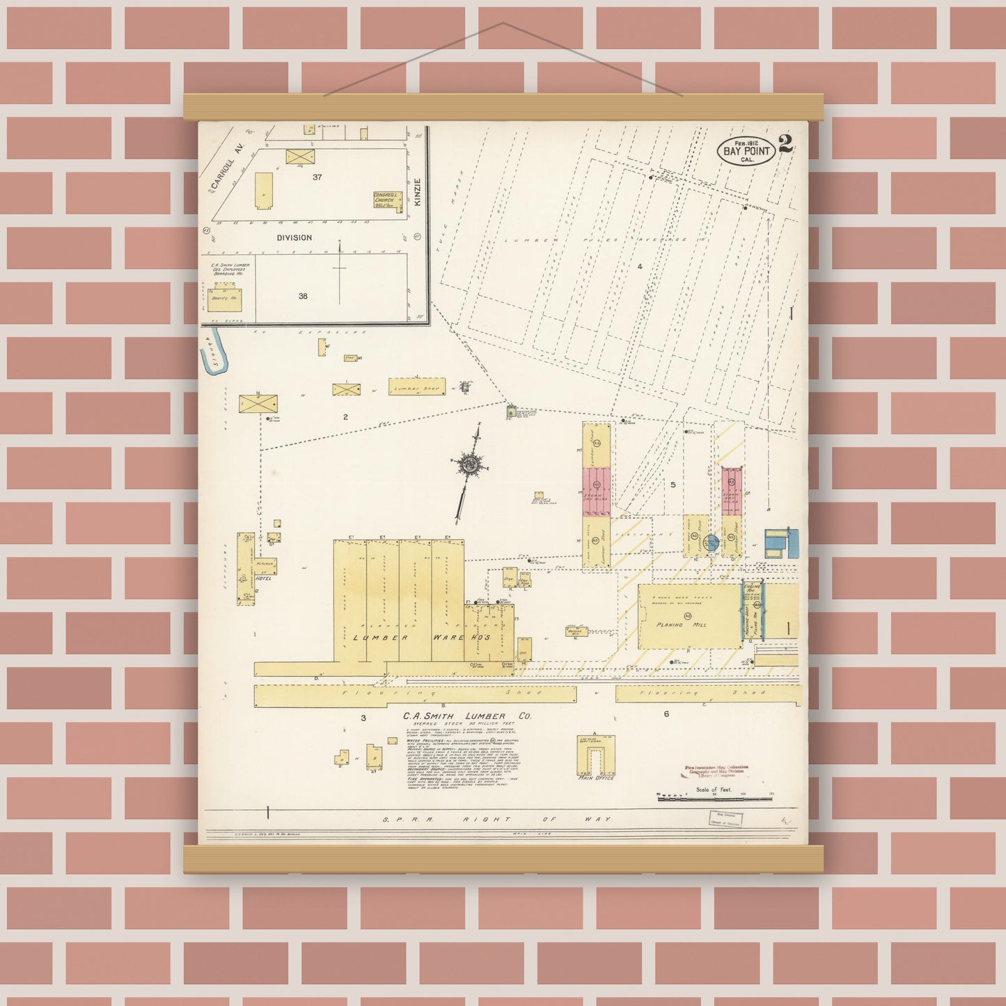 Old map wall art mockup — magnetic wood frame on brick wall — Sanborn Fire Insurance Map from Bay Point, Contra Costa County, California (1912), Sheet #0002