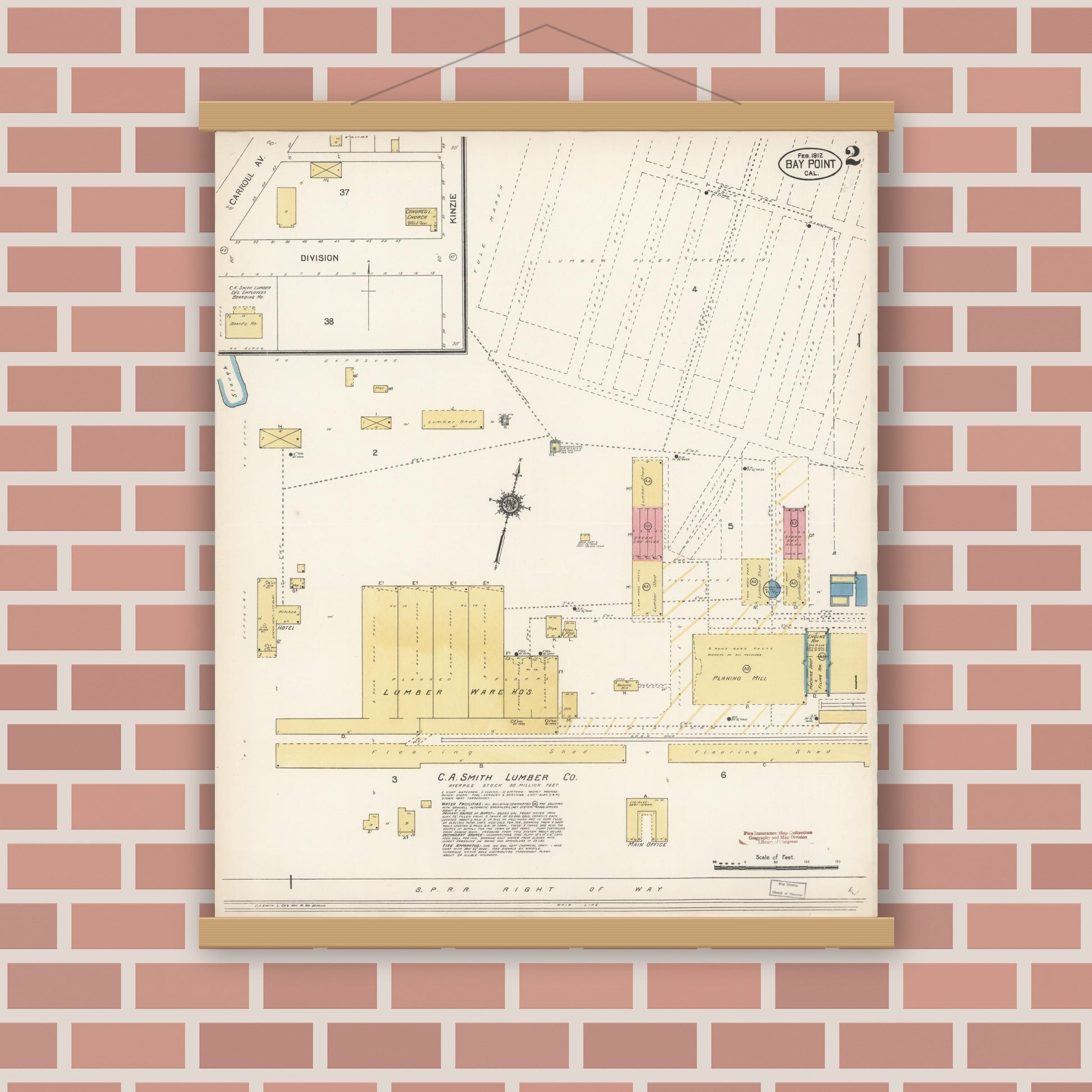Old map wall art mockup — magnetic wood frame on brick wall — Sanborn Fire Insurance Map from Bay Point, Contra Costa County, California (1912), Sheet #0002