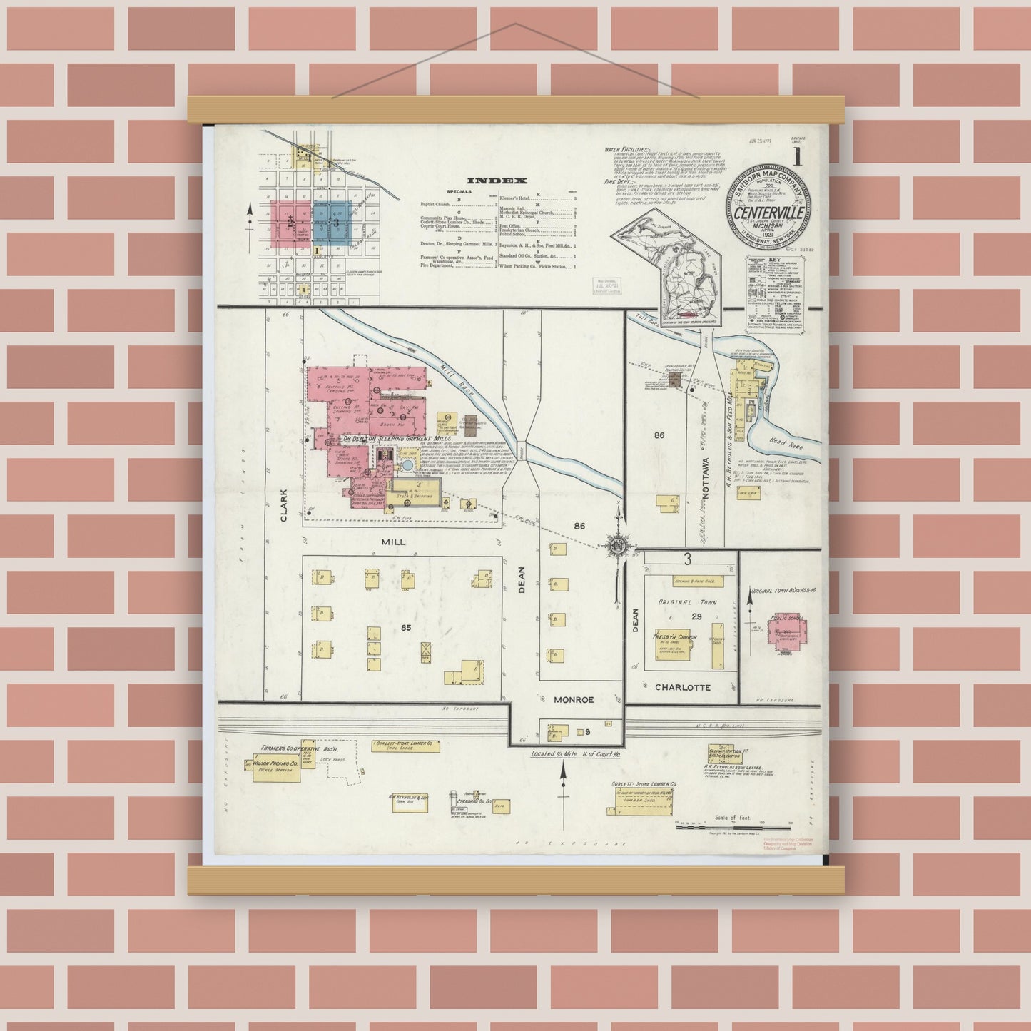 Old map wall art mockup — magnetic wood frame on brick wall — Sanborn Fire Insurance Map from Centreville, Saint Joseph County, Michigan (1921) - Complete Map Set