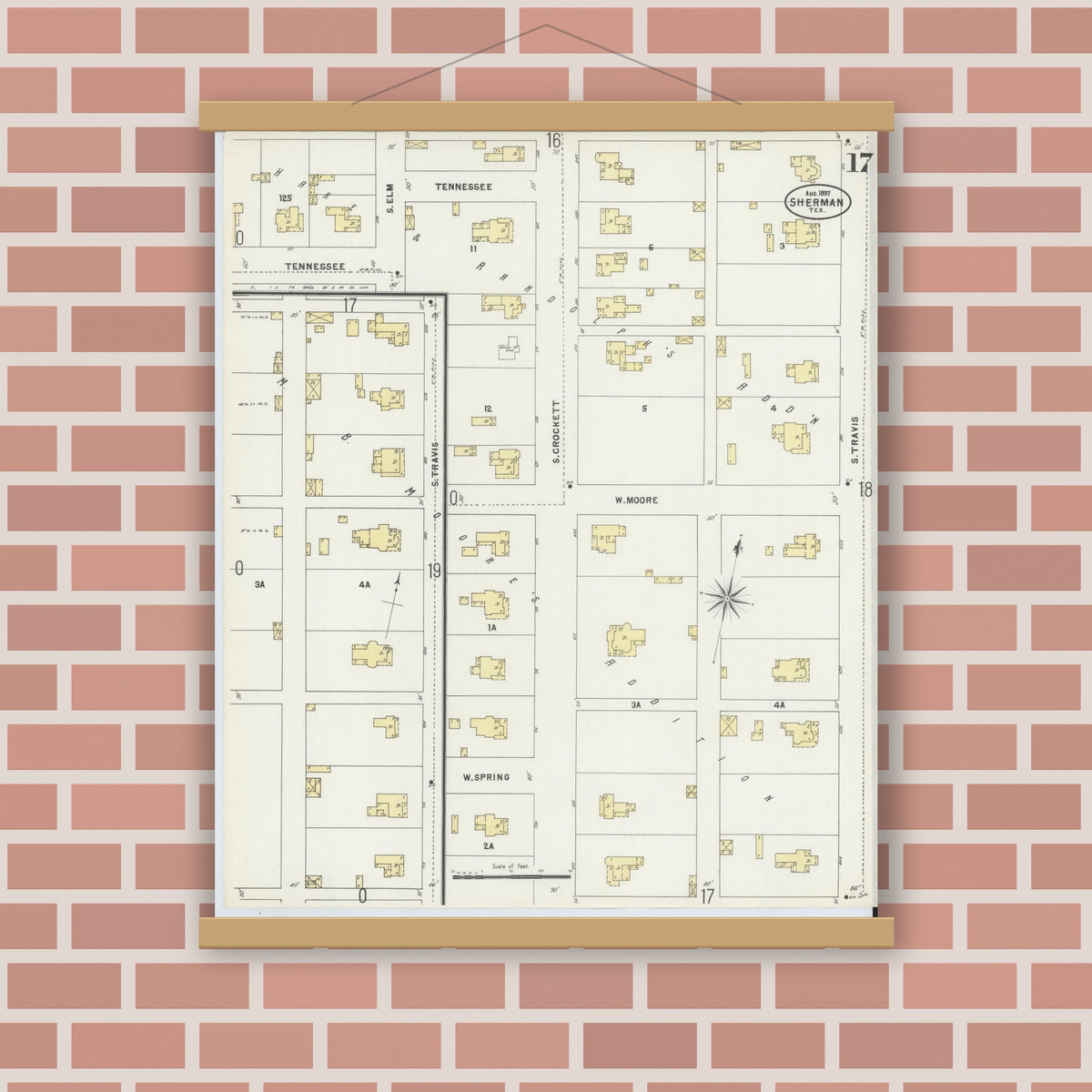 Old map wall art mockup — magnetic wood frame on brick wall — Sanborn Fire Insurance Map from Sherman, Grayson County, Texas (1897), Sheet #0017