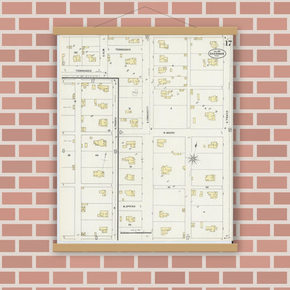 Old map wall art mockup — magnetic wood frame on brick wall — Sanborn Fire Insurance Map from Sherman, Grayson County, Texas (1897), Sheet #0017