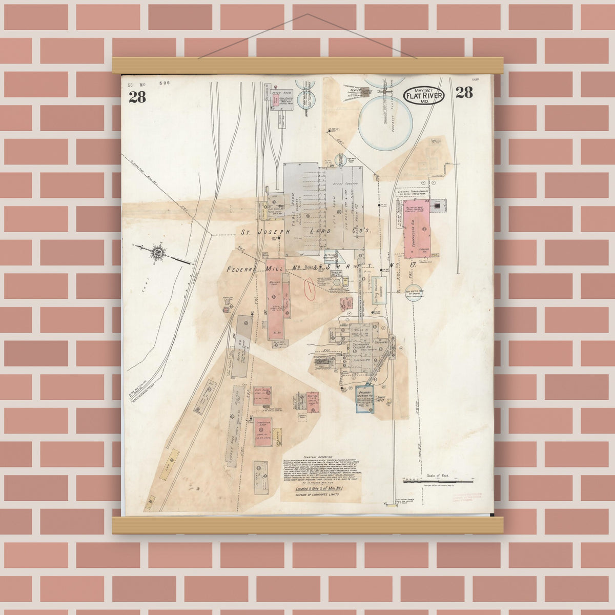 Old map wall art mockup — magnetic wood frame on brick wall — Sanborn Fire Insurance Map from Flat River, Saint Francois County, Missouri (1938), Sheet #0028