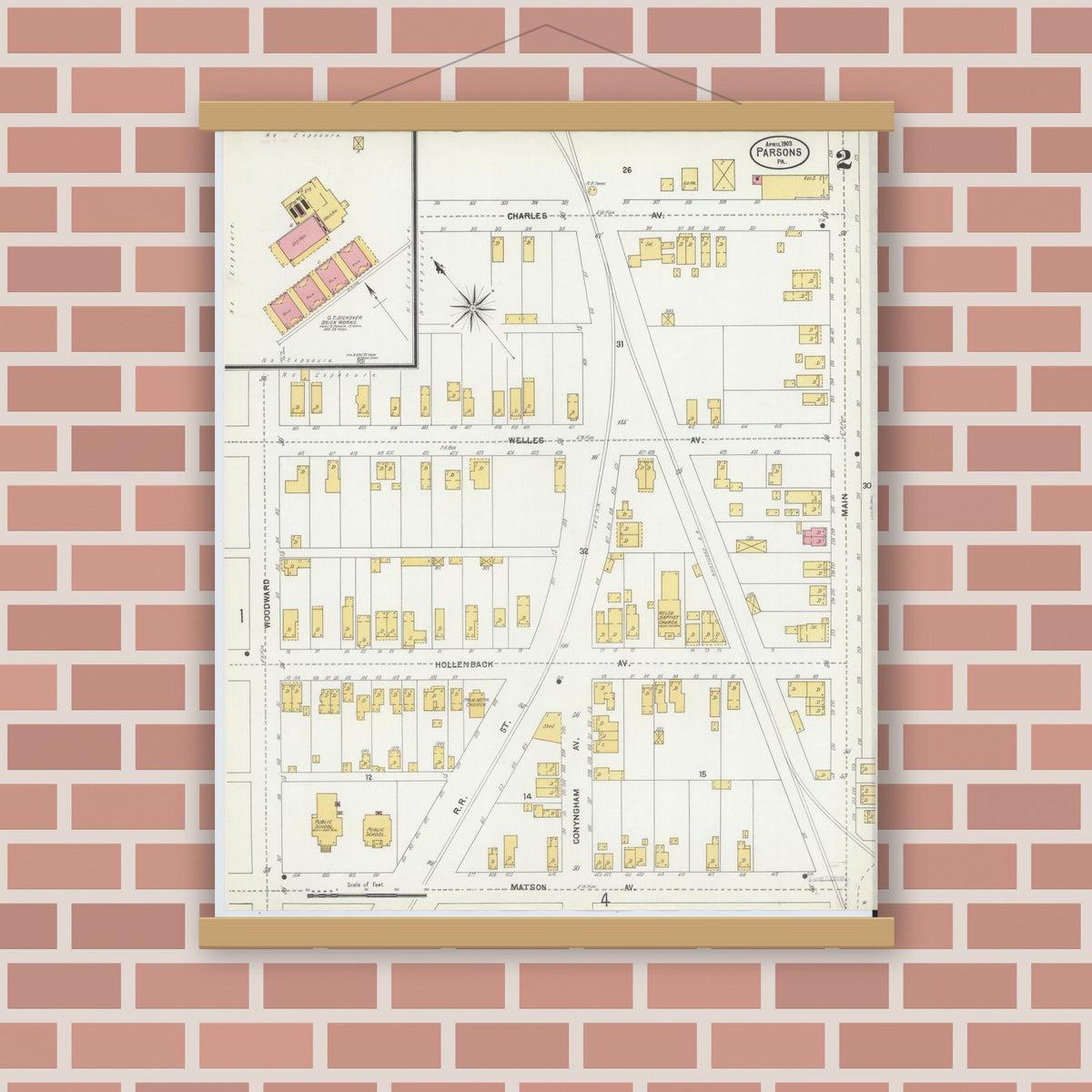 Old map wall art mockup — magnetic wood frame on brick wall — Sanborn Fire Insurance Map from Parsons, Luzerne County, Pennsylvania (1903), Sheet #0002