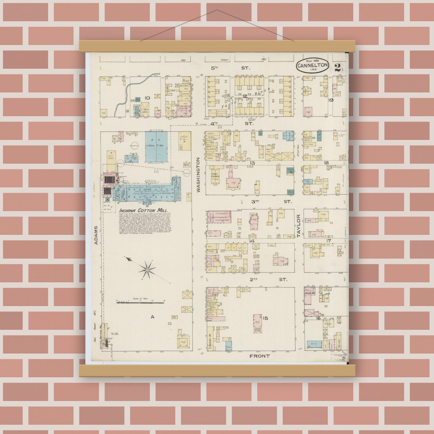 Old map wall art mockup — magnetic wood frame on brick wall — Sanborn Fire Insurance Map from Cannelton, Perry County, Indiana (1886), Sheet #0002