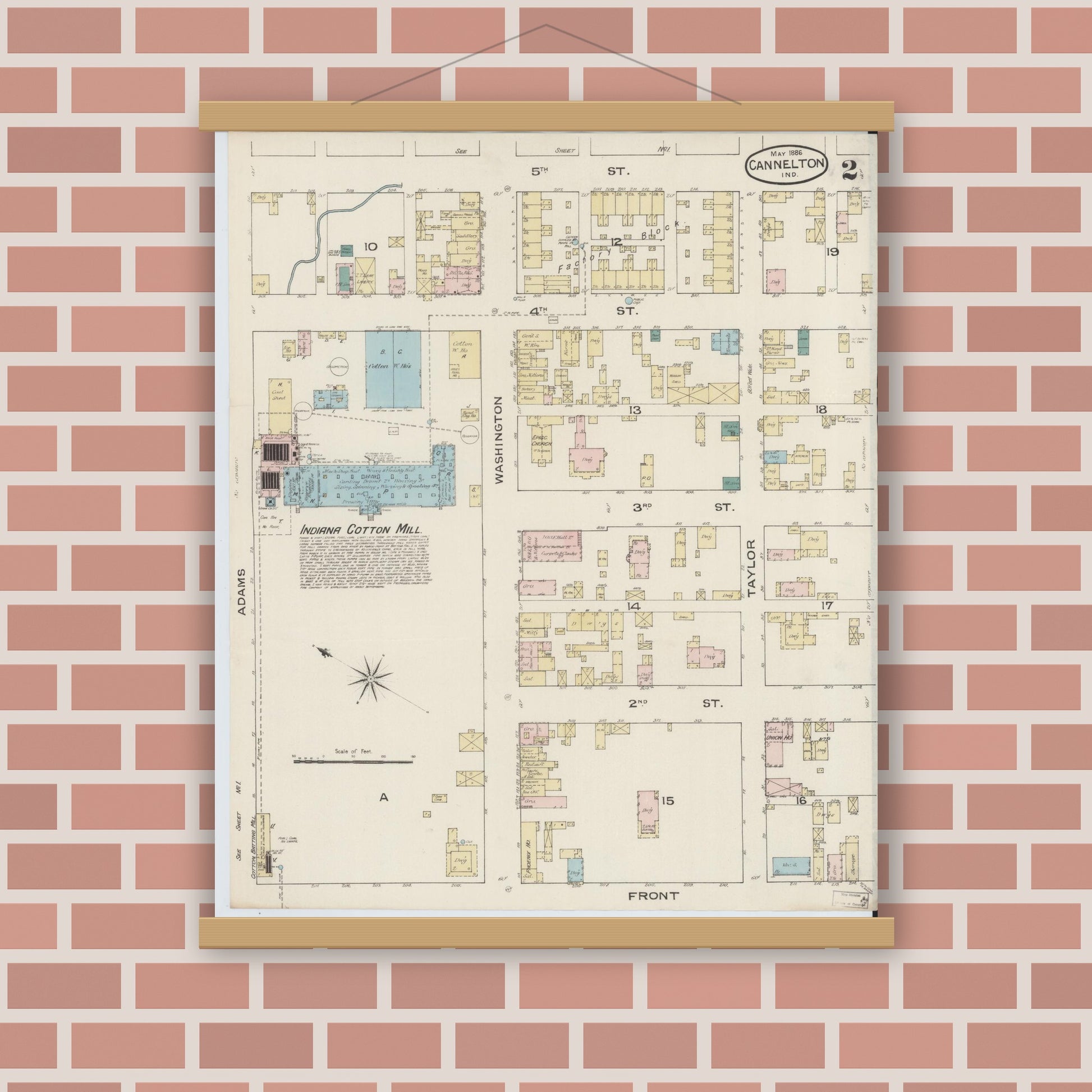 Old map wall art mockup — magnetic wood frame on brick wall — Sanborn Fire Insurance Map from Cannelton, Perry County, Indiana (1886), Sheet #0002