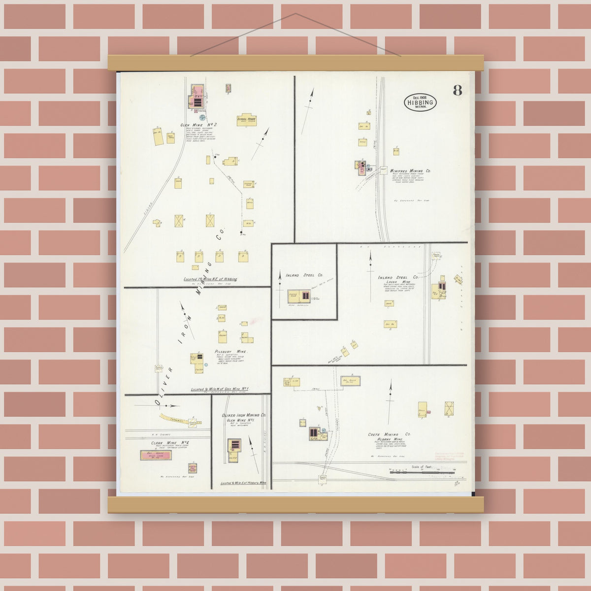 Old map wall art mockup — magnetic wood frame on brick wall — Sanborn Fire Insurance Map from Hibbing, Saint Louis County, Minnesota (1908), Sheet #0008