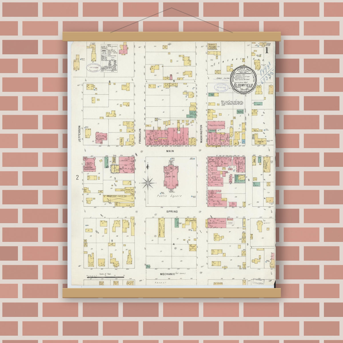 Old map wall art mockup — magnetic wood frame on brick wall — Sanborn Fire Insurance Map from Bloomfield, Greene County, Indiana (1898), Sheet #0001
