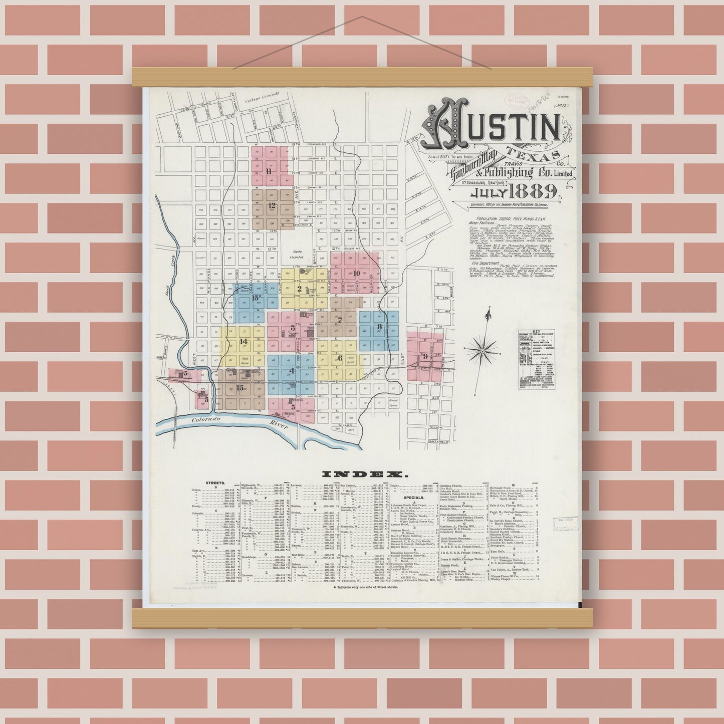 Old map wall art mockup — magnetic wood frame on brick wall — Sanborn Fire Insurance Map from Austin, Travis County, Texas (1889), Sheet #0001