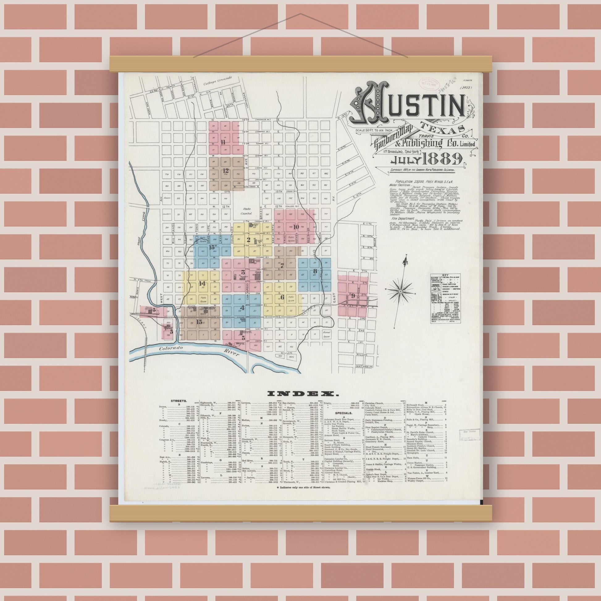 Old map wall art mockup — magnetic wood frame on brick wall — Sanborn Fire Insurance Map from Austin, Travis County, Texas (1889), Sheet #0001