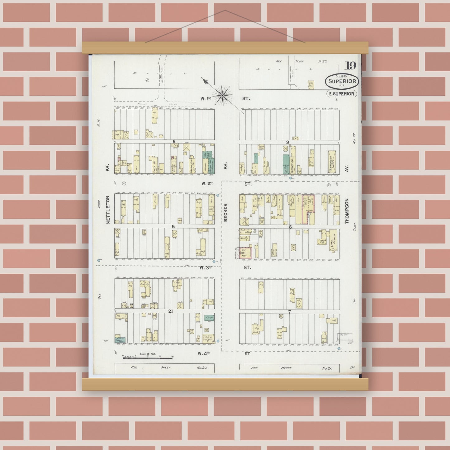 Old map wall art mockup — magnetic wood frame on brick wall — Sanborn Fire Insurance Map from Superior, Douglas County, Wisconsin (1889), Sheet #0019