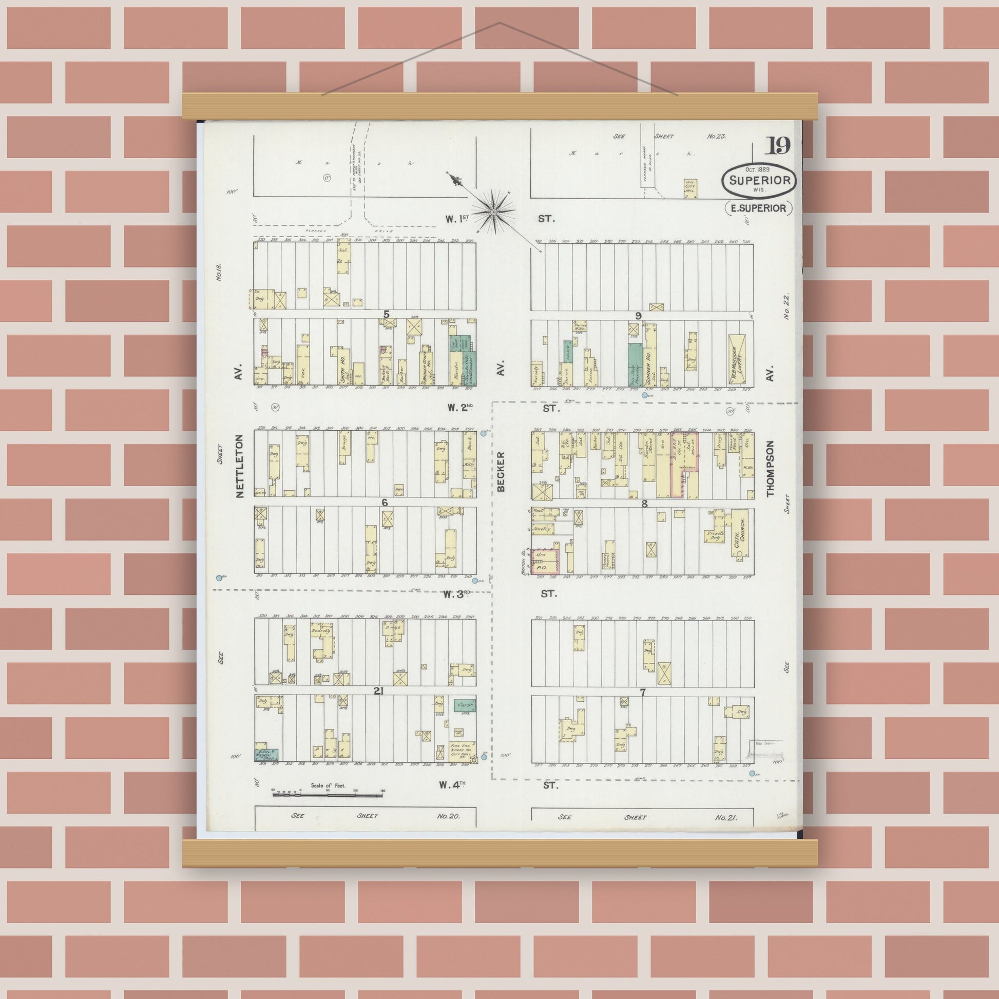 Old map wall art mockup — magnetic wood frame on brick wall — Sanborn Fire Insurance Map from Superior, Douglas County, Wisconsin (1889), Sheet #0019