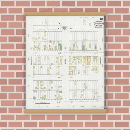 Old map wall art mockup — magnetic wood frame on brick wall — Sanborn Fire Insurance Map from Superior, Douglas County, Wisconsin (1889), Sheet #0019