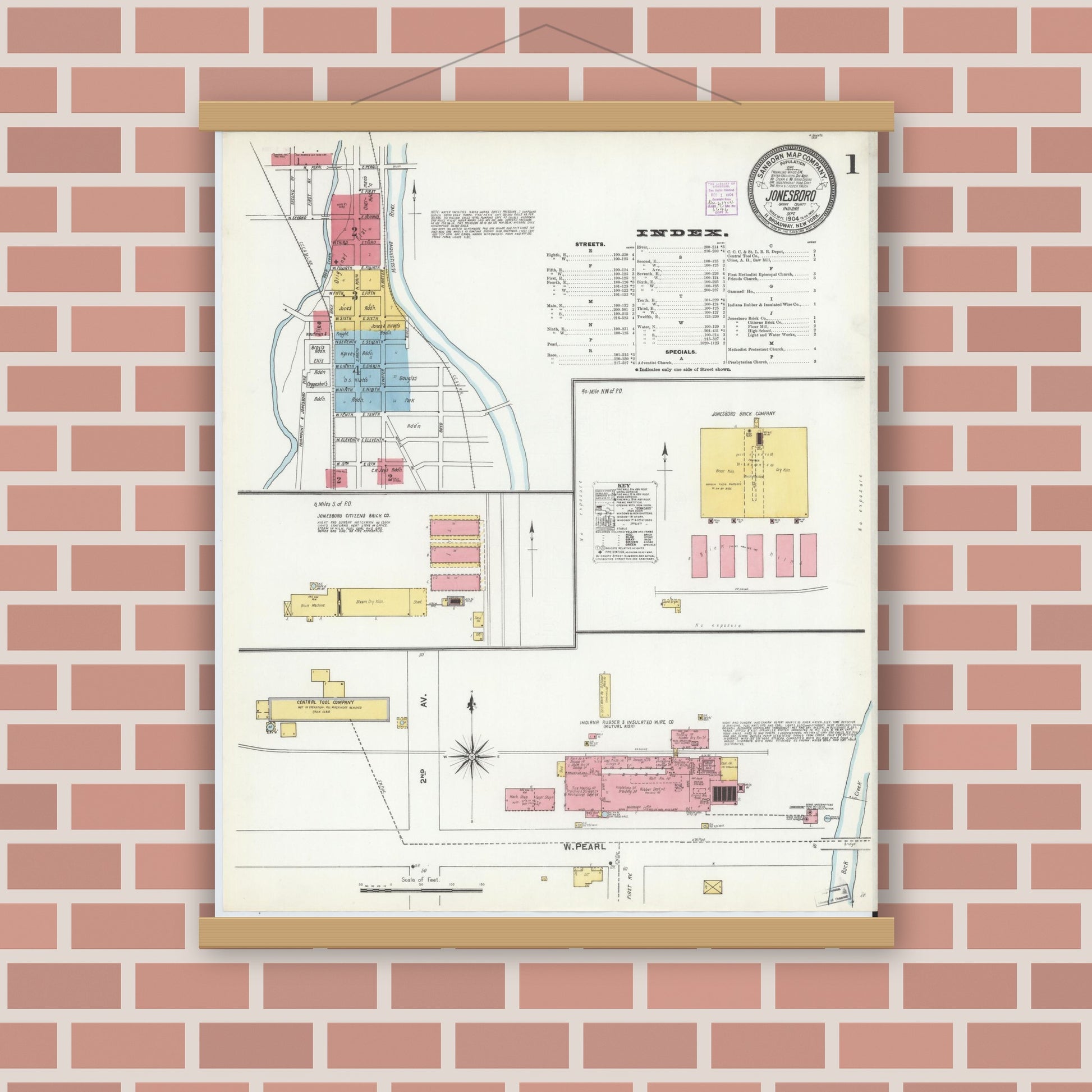 Old map wall art mockup — magnetic wood frame on brick wall — Sanborn Fire Insurance Map from Jonesboro, Grant County, Indiana (1904) - Complete Map Set
