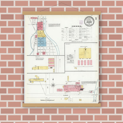 Old map wall art mockup — magnetic wood frame on brick wall — Sanborn Fire Insurance Map from Jonesboro, Grant County, Indiana (1904) - Complete Map Set