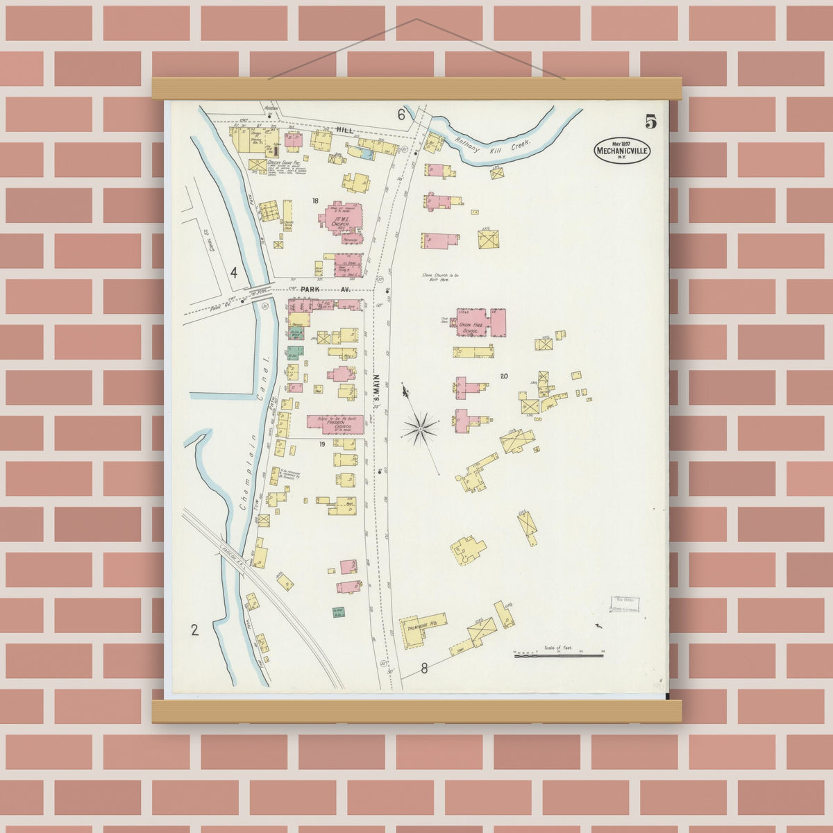 Old map wall art mockup — magnetic wood frame on brick wall — Sanborn Fire Insurance Map from Mechanicville, Saratoga County, New York (1897), Sheet #0005