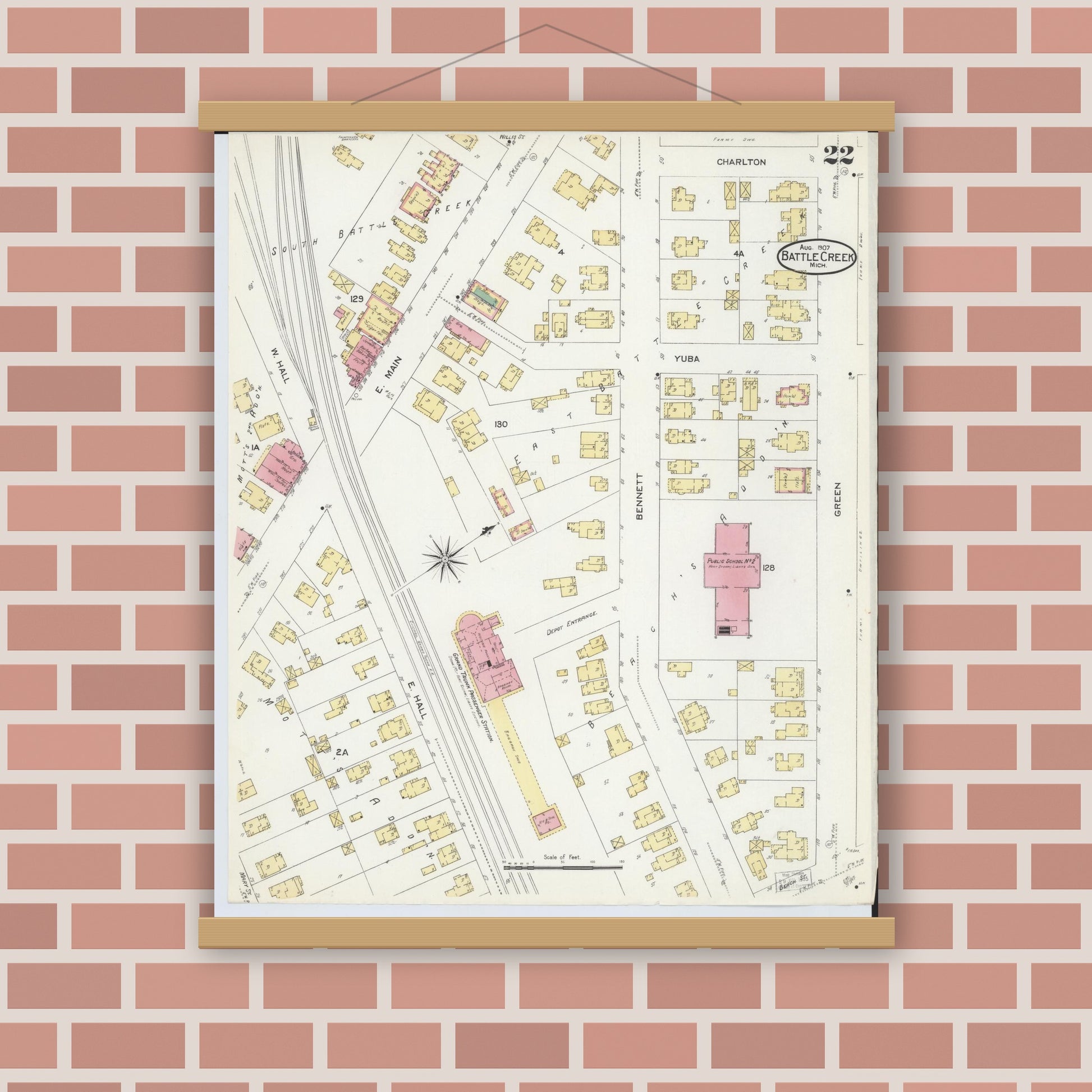 Old map wall art mockup — magnetic wood frame on brick wall — Sanborn Fire Insurance Map from Battle Creek, Calhoun County, Michigan (1907), Sheet #0022