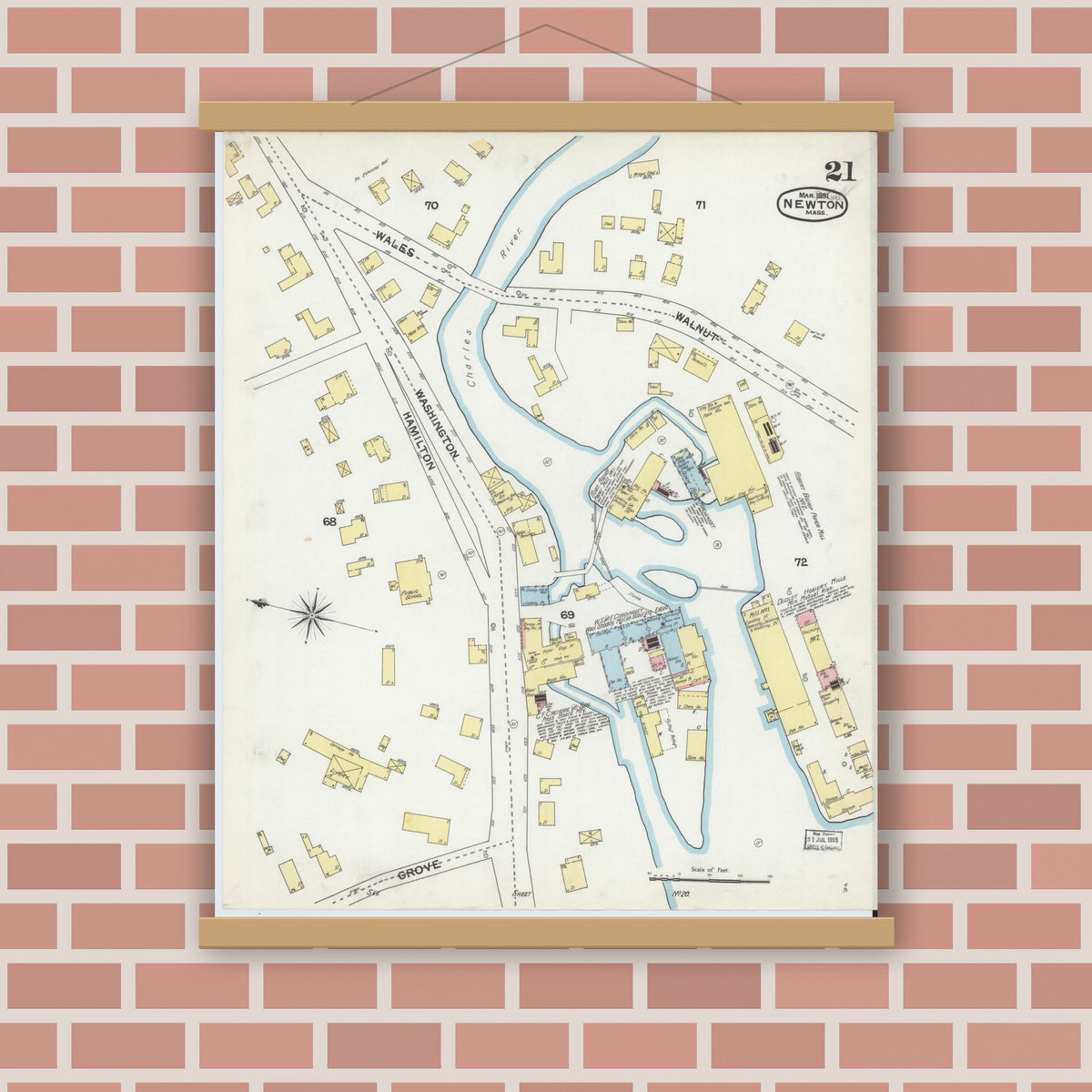 Old map wall art mockup — magnetic wood frame on brick wall — Sanborn Fire Insurance Map from Newton, Middlesex County, Massachusetts (1892), Sheet #0021