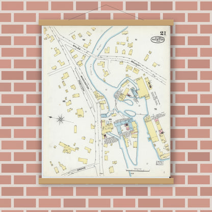 Old map wall art mockup — magnetic wood frame on brick wall — Sanborn Fire Insurance Map from Newton, Middlesex County, Massachusetts (1892), Sheet #0021