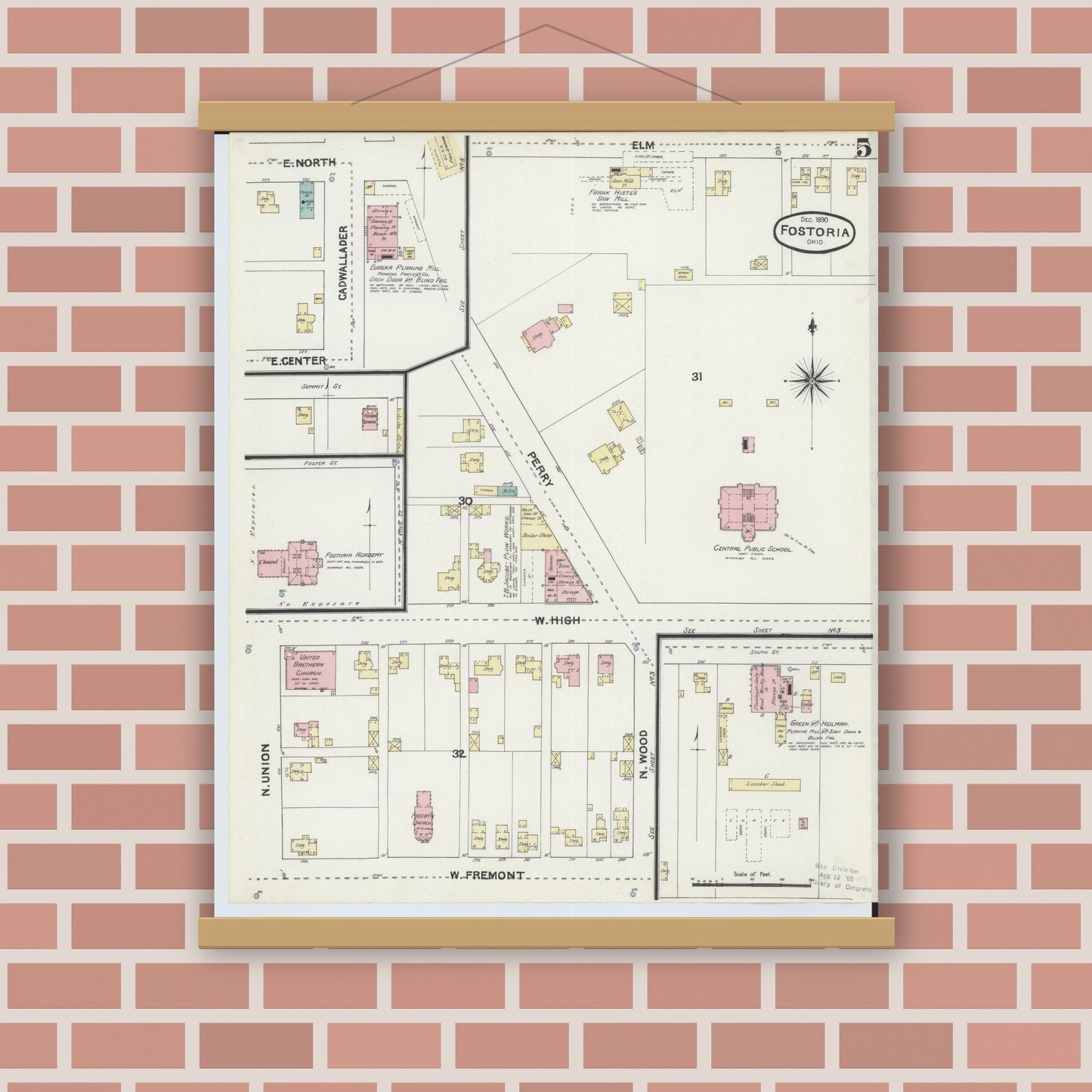 Old map wall art mockup — magnetic wood frame on brick wall — Sanborn Fire Insurance Map from Fostoria, Seneca, Hancock, And Wood Counties, Ohio (1891), Sheet #0005