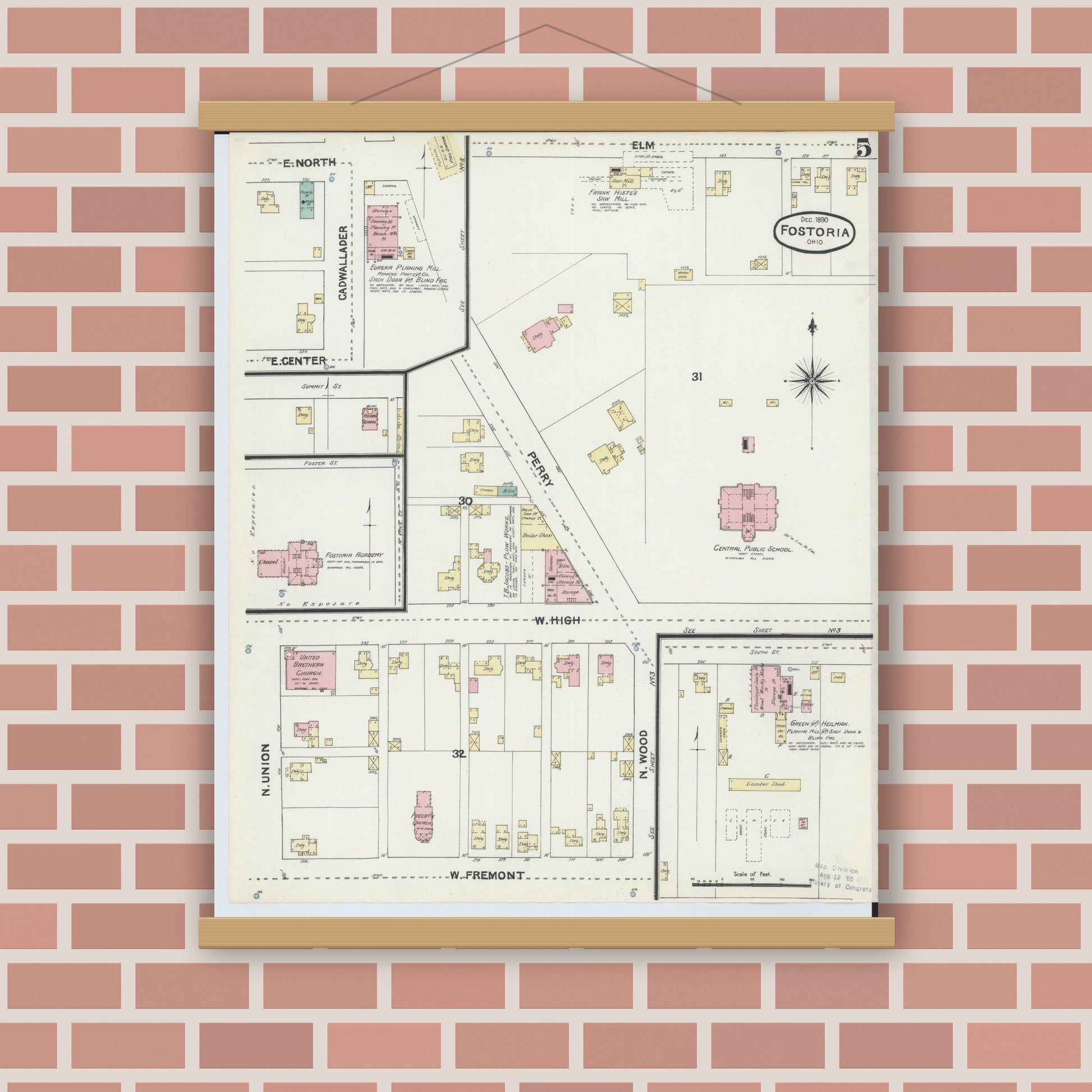 Old map wall art mockup — magnetic wood frame on brick wall — Sanborn Fire Insurance Map from Fostoria, Seneca, Hancock, And Wood Counties, Ohio (1891), Sheet #0005