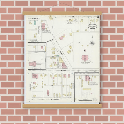 Old map wall art mockup — magnetic wood frame on brick wall — Sanborn Fire Insurance Map from Fostoria, Seneca, Hancock, And Wood Counties, Ohio (1891), Sheet #0005