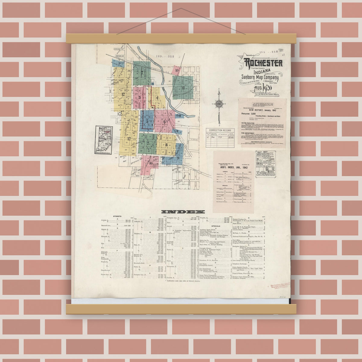 Old map wall art mockup — magnetic wood frame on brick wall — Sanborn Fire Insurance Map from Rochester, Fulton County, Indiana (1942), Sheet #0001