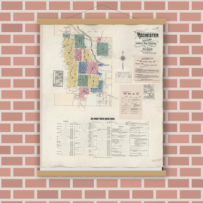 Old map wall art mockup — magnetic wood frame on brick wall — Sanborn Fire Insurance Map from Rochester, Fulton County, Indiana (1942), Sheet #0001