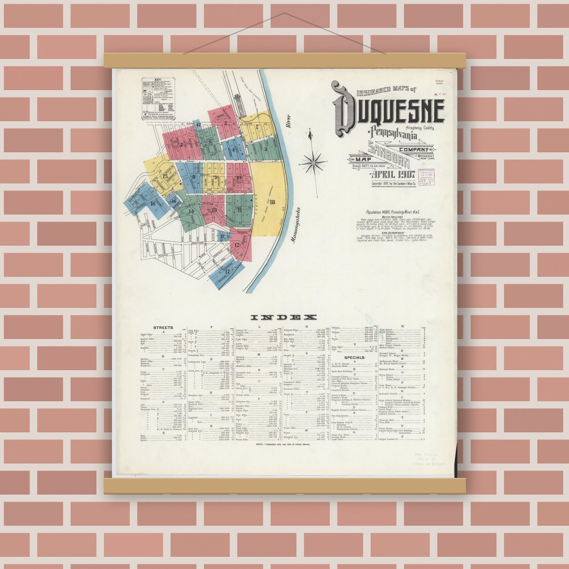 Old map wall art mockup — magnetic wood frame on brick wall — Sanborn Fire Insurance Map from Duquesne, Allegheny County, Pennsylvania (1907) - Complete Map Set
