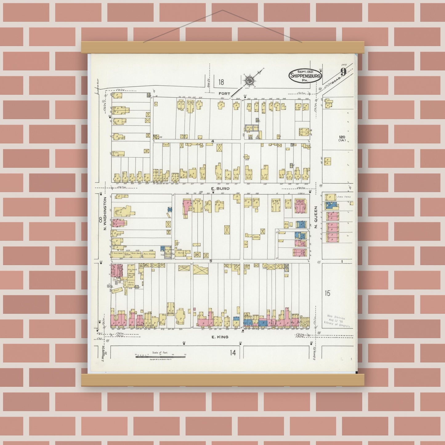 Old map wall art mockup — magnetic wood frame on brick wall — Sanborn Fire Insurance Map from Shippensburg, Cumberland And Franklin Counties, Pennsylvania (1921), Sheet #0009