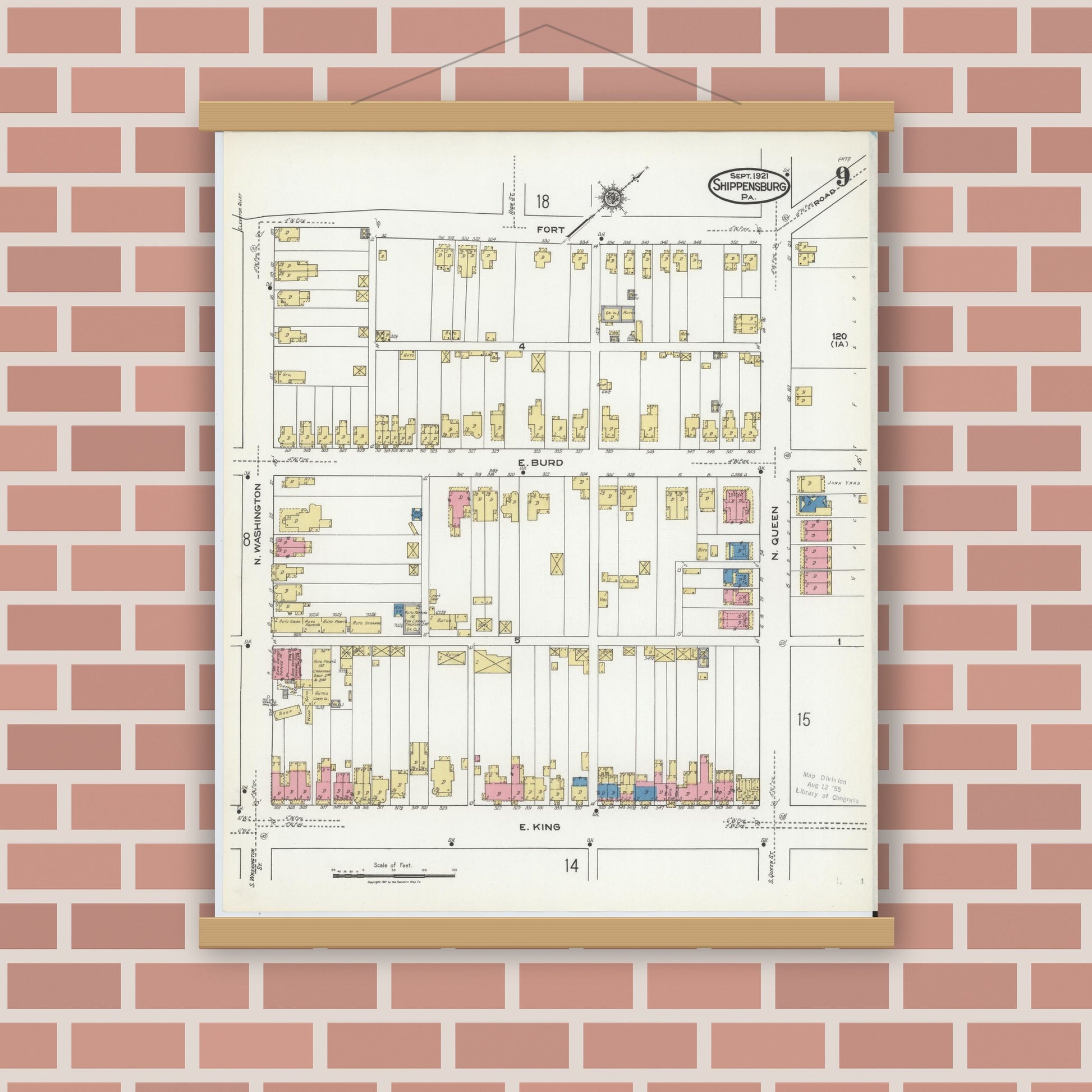 Old map wall art mockup — magnetic wood frame on brick wall — Sanborn Fire Insurance Map from Shippensburg, Cumberland And Franklin Counties, Pennsylvania (1921), Sheet #0009