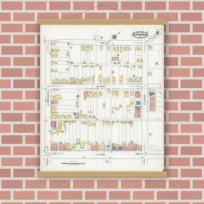 Old map wall art mockup — magnetic wood frame on brick wall — Sanborn Fire Insurance Map from Shippensburg, Cumberland And Franklin Counties, Pennsylvania (1921), Sheet #0009