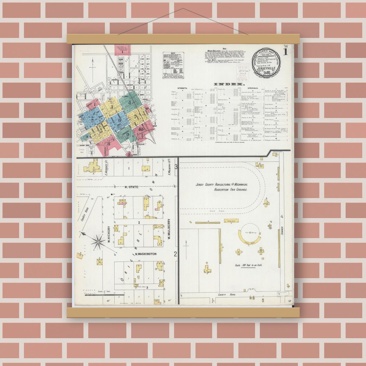 Old map wall art mockup — magnetic wood frame on brick wall — Sanborn Fire Insurance Map from Jerseyville, Jersey County, Illinois (1900), Sheet #0001