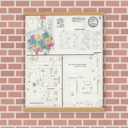 Old map wall art mockup — magnetic wood frame on brick wall — Sanborn Fire Insurance Map from Jerseyville, Jersey County, Illinois (1900), Sheet #0001